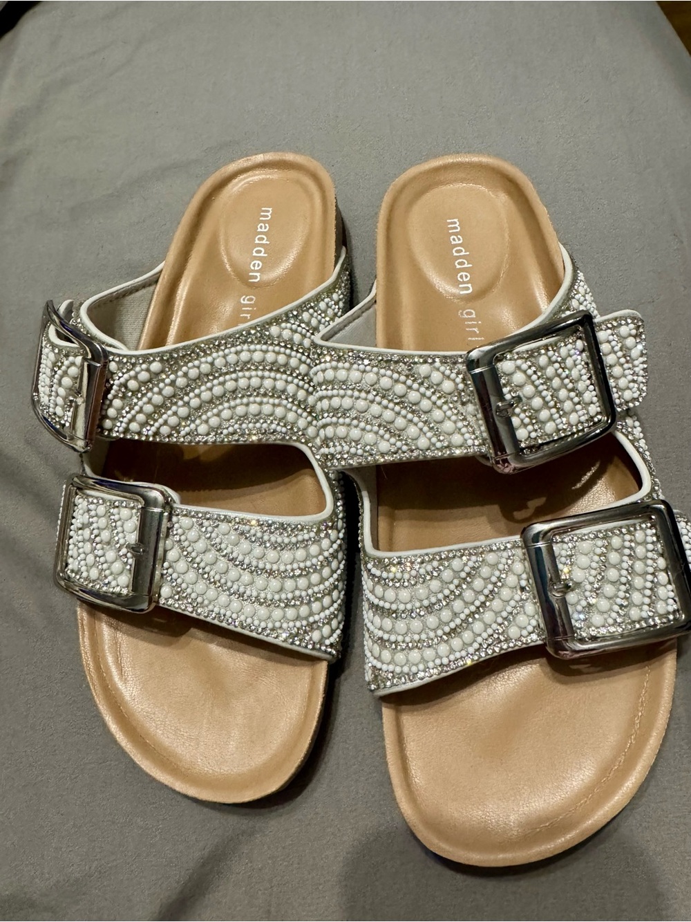 Madden Girl White Pearl-Beaded Double Buckle Slide Sandals